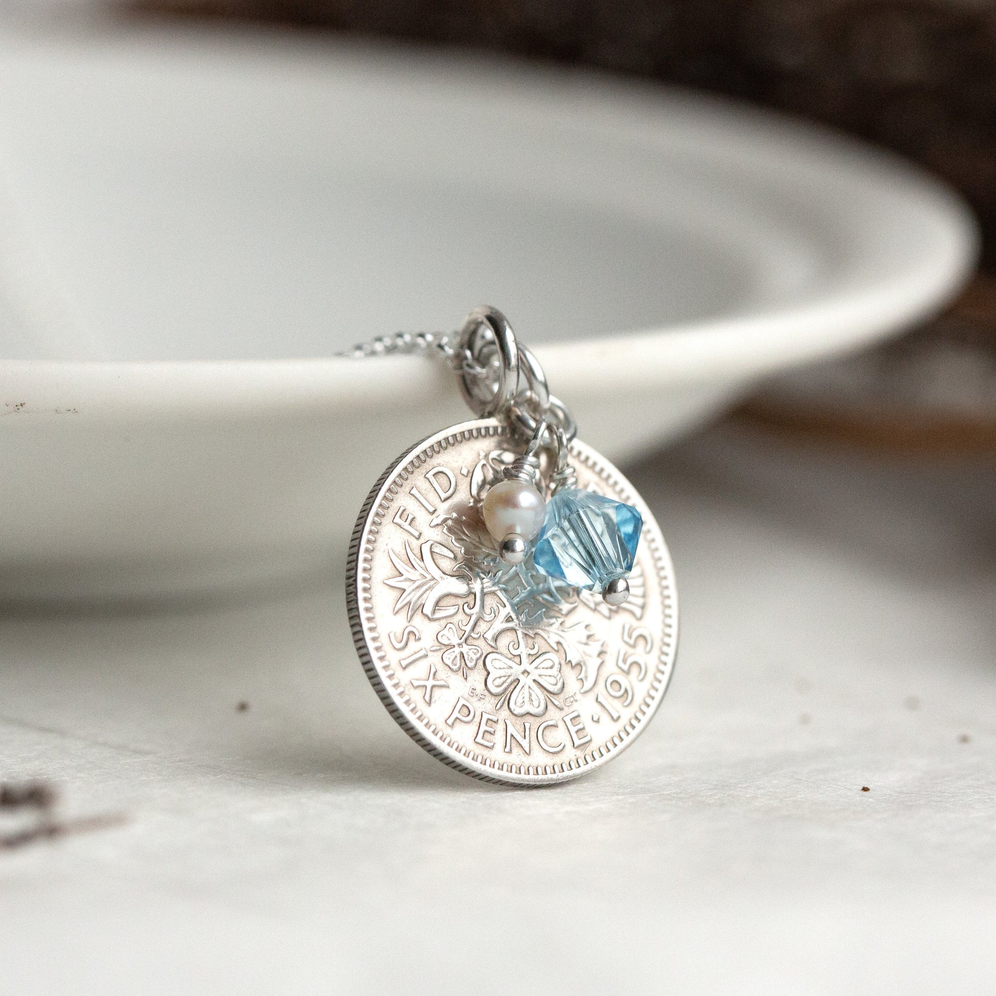 1955 real British sixpence coin pendant, a lucky coin gift, with March birthstone. 