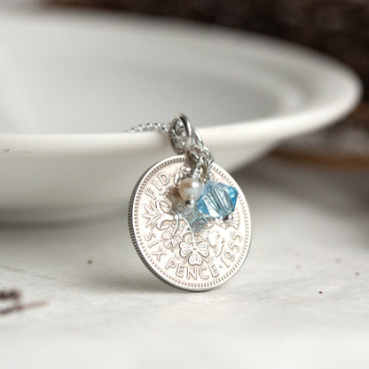 1955 real British sixpence coin pendant, a lucky coin gift, with March birthstone. 