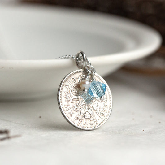 1955 real British sixpence coin pendant, a lucky coin gift, with March birthstone. 