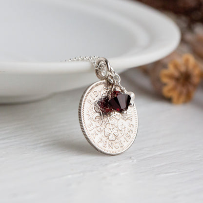 1955 dated British silver sixpence coin pendant and January birthstone with freshwater pearl and 925 chain