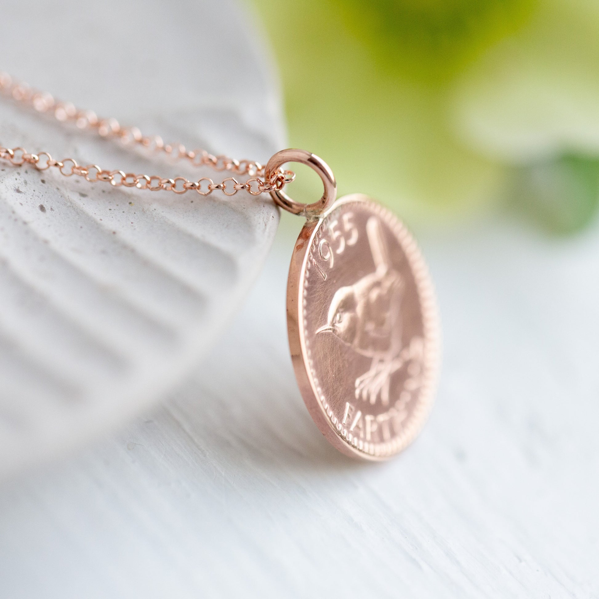 Farthing coin necklace, 70th gifts for her, wren necklace, coin pendant.