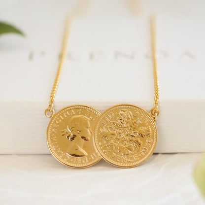 70th Birthday double sixpence necklace dated 1956 with 22ct gold overlay and gold vermeil chain