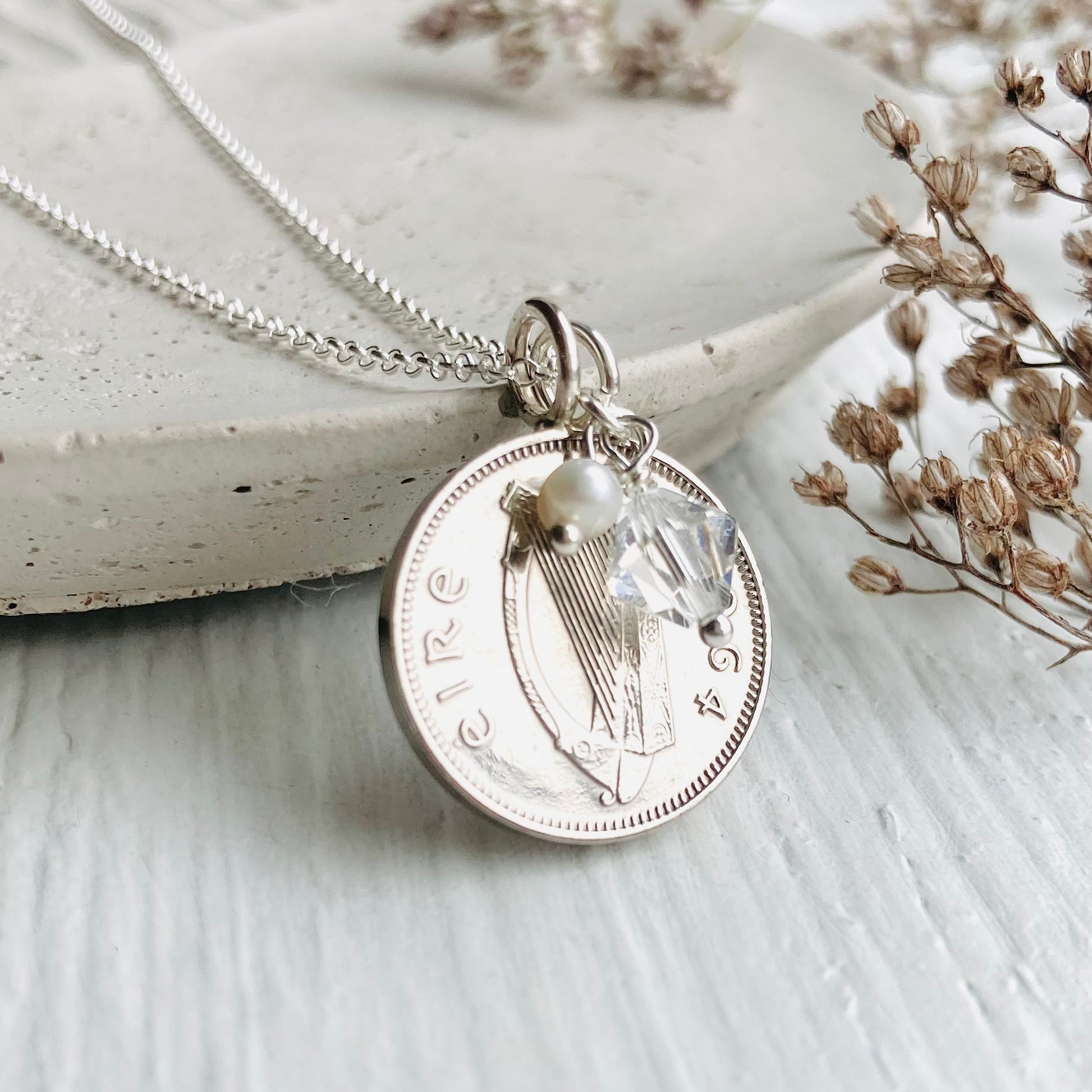 Irish silver coin necklace with April birthstone, by Prenoa, Stamford, UK