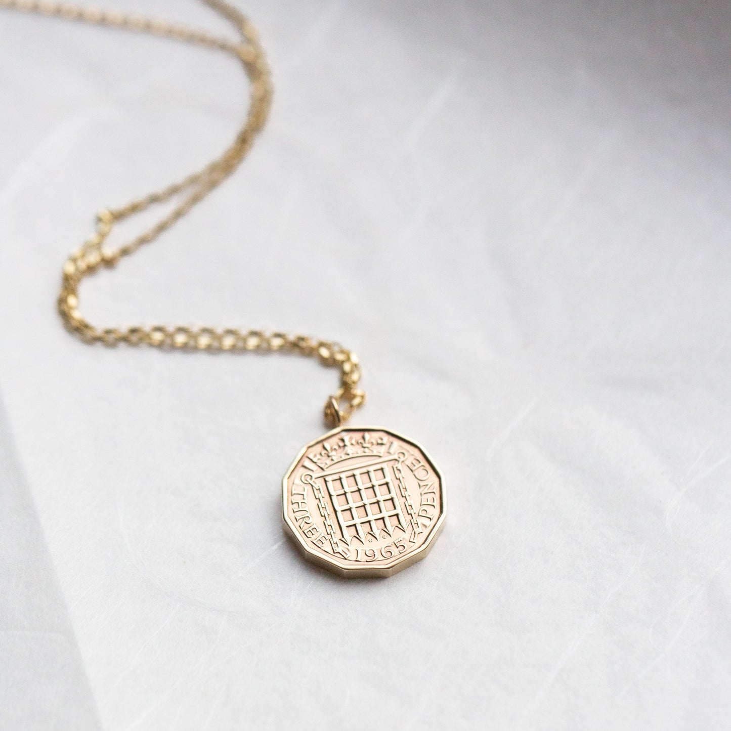 1965 British gold coin necklace with solid gold belcher chain. 