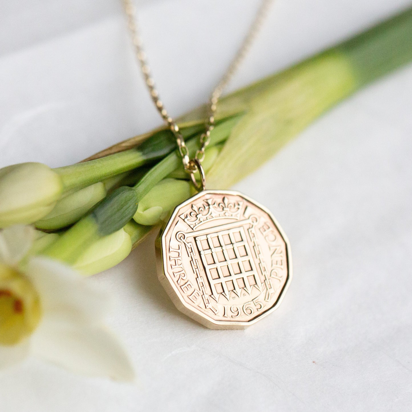 Gold three pence necklace, real British coin pendant.