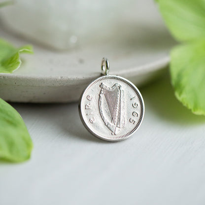 Harp and hare three pence silver coin, coin pendant, Eire coins.