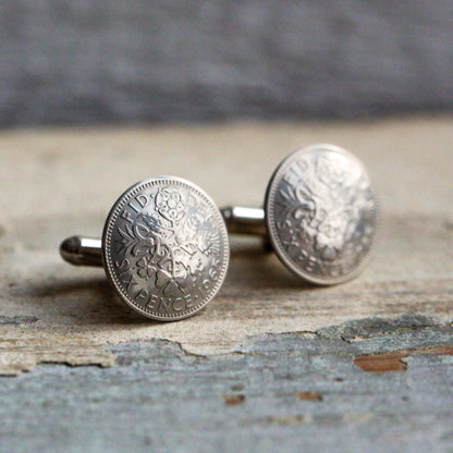 Real coin cufflinks, 1965 sixpences, 60th birthday gift, 60th gifts for him, 60th gift for groom, sterling silver backed cuff links, coin cufflinks for 60th.