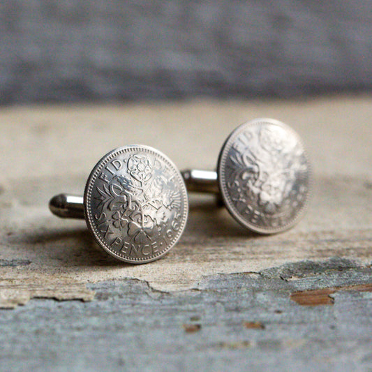 Real coin cufflinks, 1965 sixpences, 60th birthday gift, 60th gifts for him, 60th gift for groom, sterling silver backed cuff links, coin cufflinks for 60th.