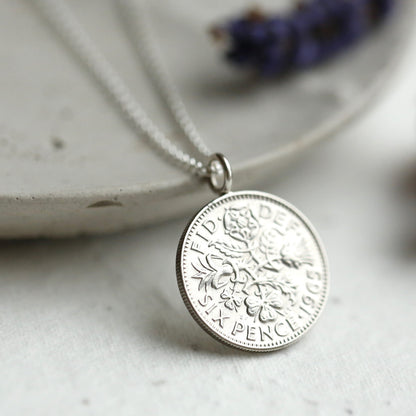 British sixpence dated 1965, silver coin pendant, sterling silver chain, 60th birthday gift.