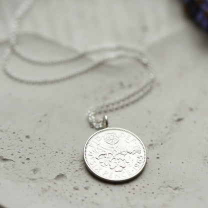 60th birthday gift for hi or her, sixpence British coin silver necklace with sterling silver chain