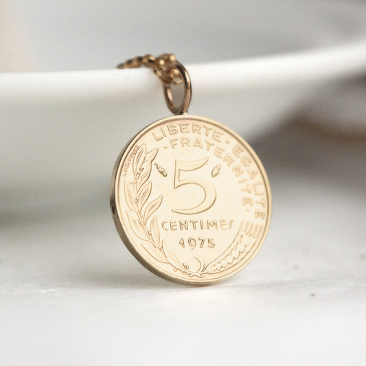 1975 French gold coin necklace, 50th gifts for her, 5 decades gift, French coin for gold anniversary.