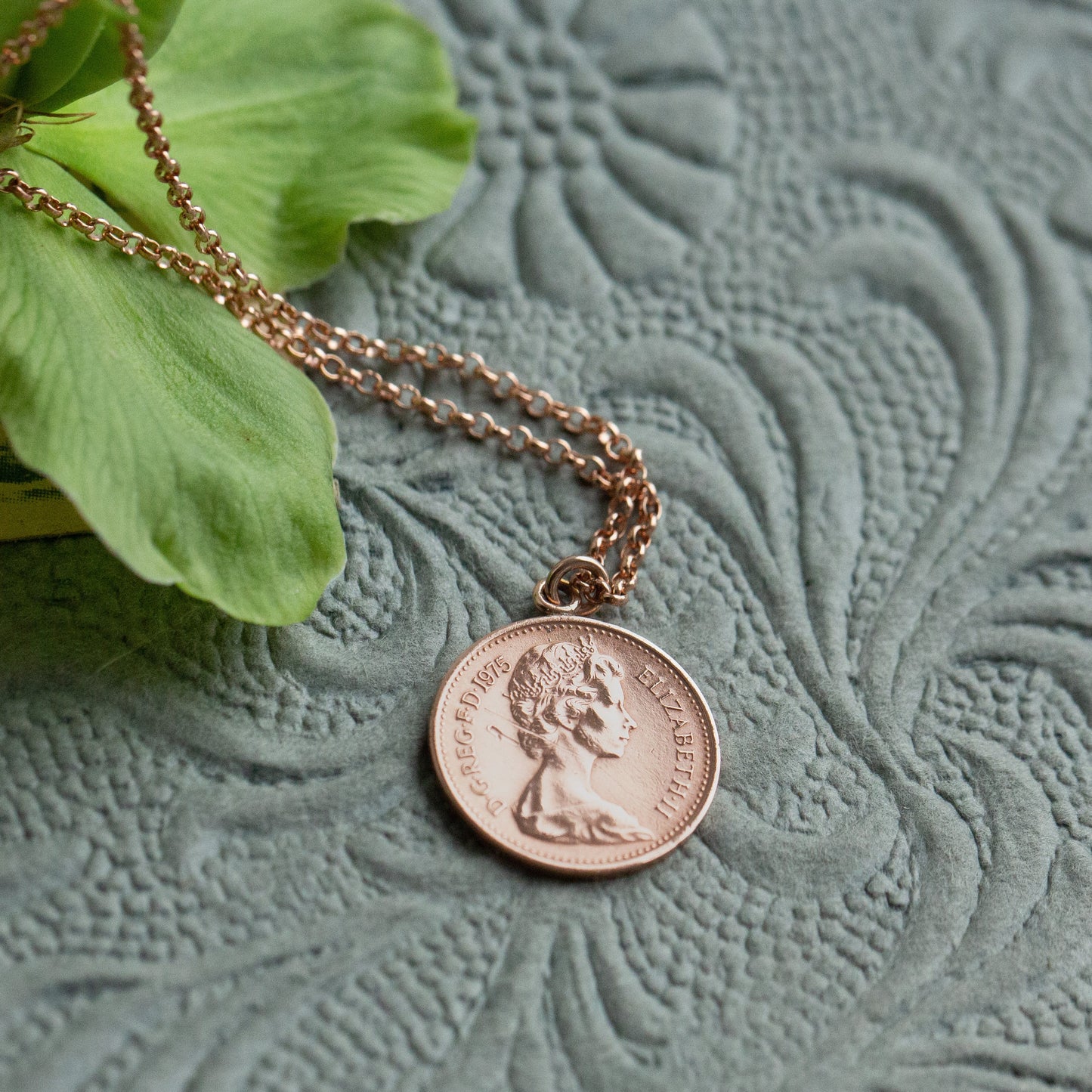 Queen Elizabeth coin necklace, rose gold pendant, coin jewellery dated 1975 for 50th birthday.