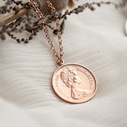 Small coin pendant, coin necklace, 1975 coin gifts, rose gold necklace chain