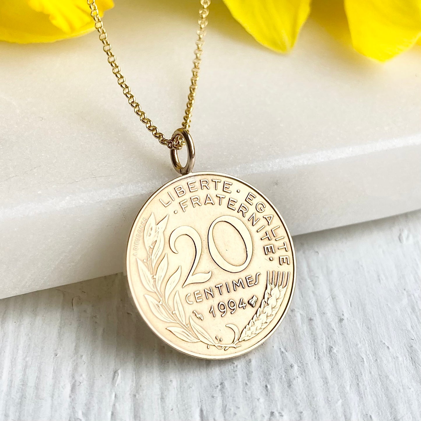 Gold coin necklace gifts for her - 20 centimes French coin pendant