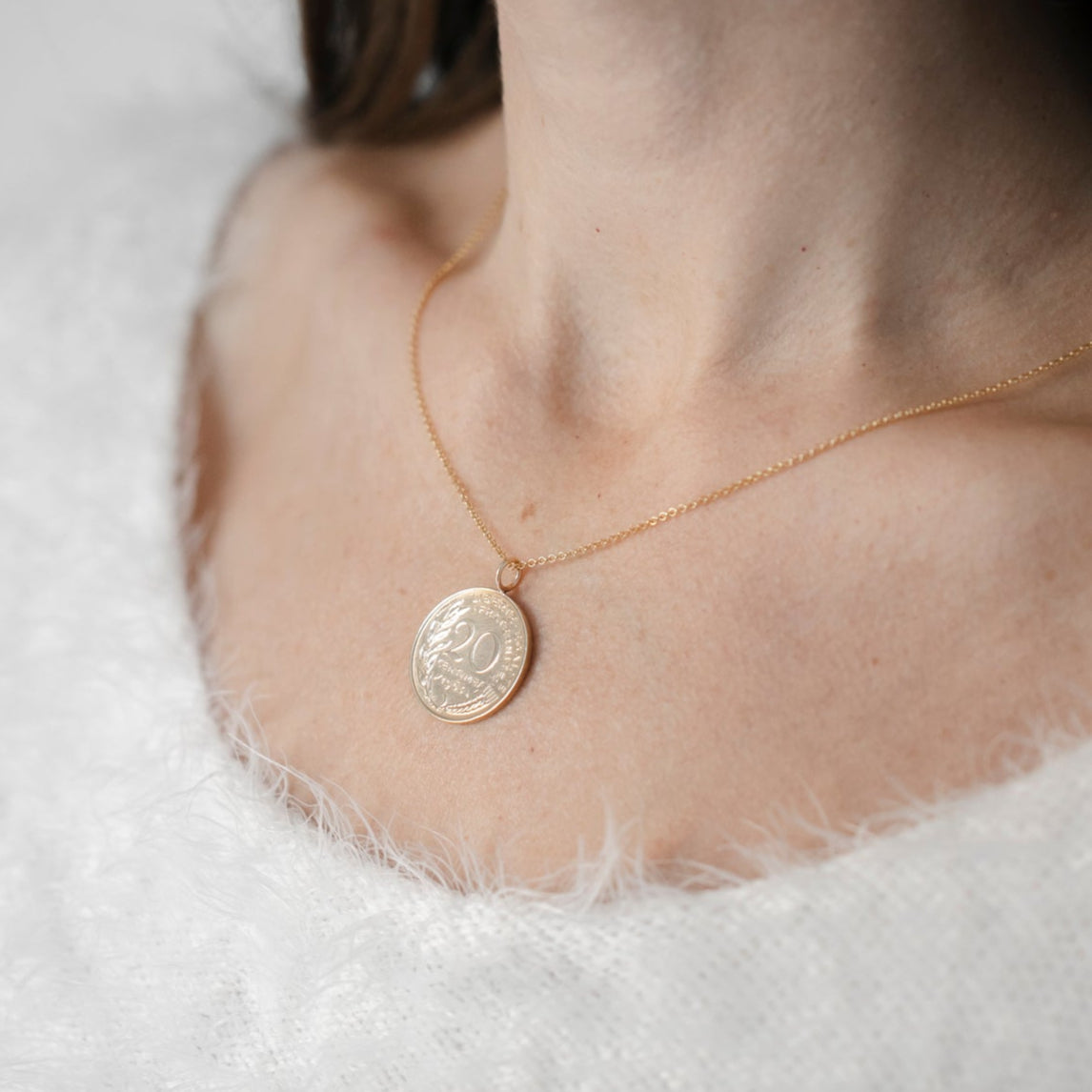 Gold coin necklace, French coin pendant, gift for her 1964.