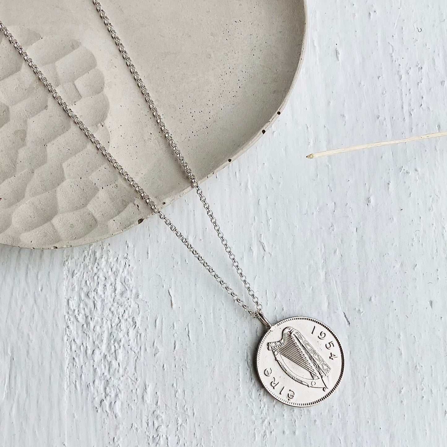 1954 Irish shilling Silver Coin Necklace with the Celtic Harp. Sterling silver chain real coin pendant to celebrate a 70th birthday for men or women