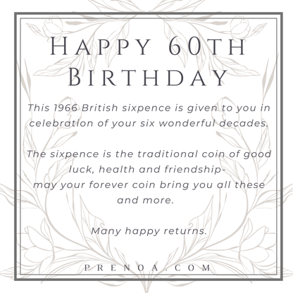 60th birthday card with British sixpence design and celebratory text.