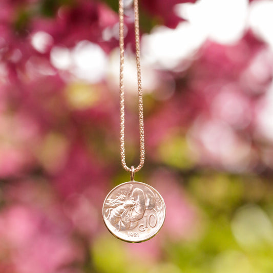 1921 dated copper coin Italian bee pendant, rose gold vermeil chain, elegant coin necklace gifts for her her or 7th wedding anniversary. 