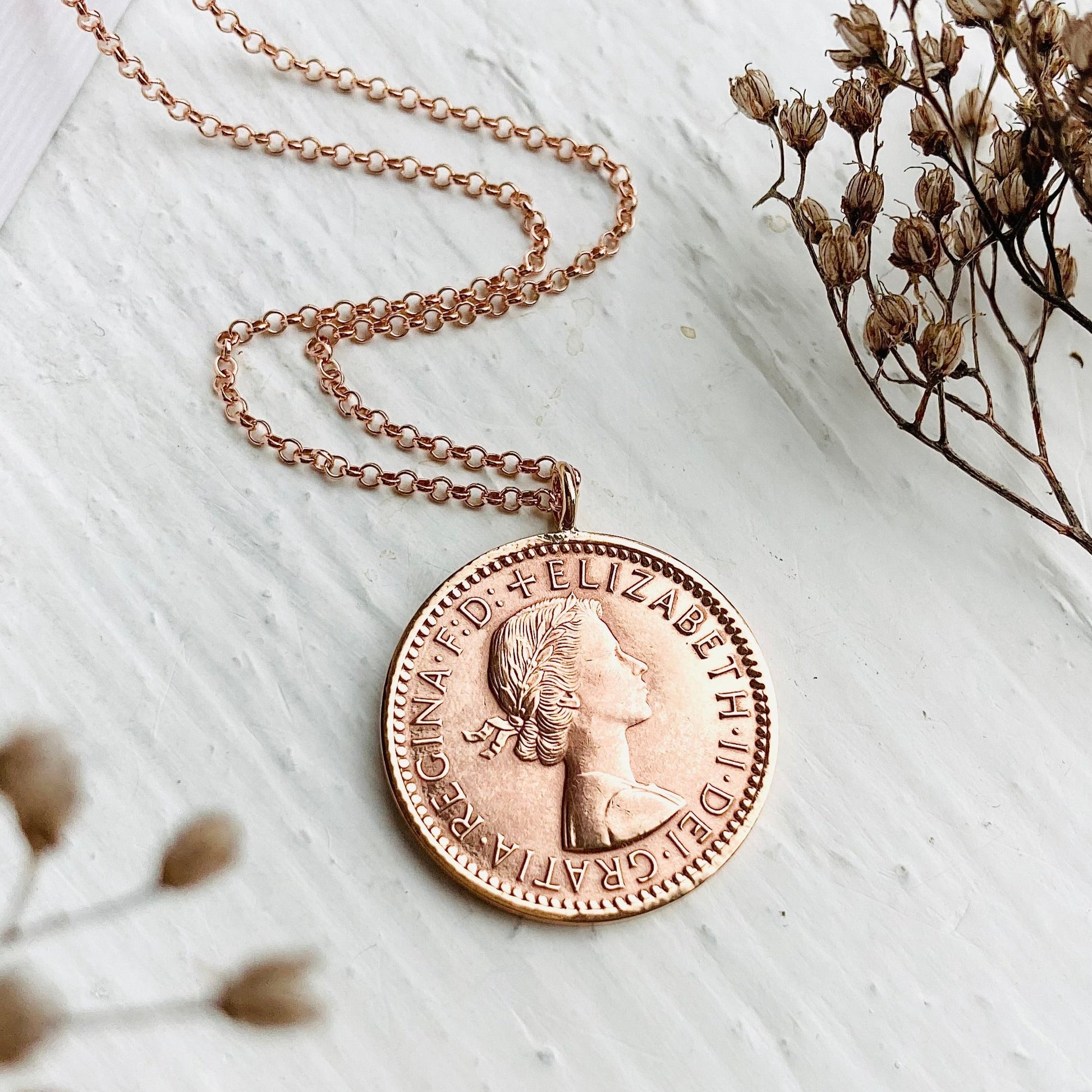 Buy 70th gifts for women, coin pendant gifts, rose gold chain, 70th birthday gift or 70th anniversary pendant necklace with wren