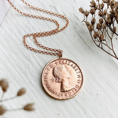 Buy 70th gifts for women, coin pendant gifts, rose gold chain, 70th birthday gift or 70th anniversary pendant necklace with wren