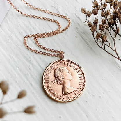 Buy 70th gifts for women, coin pendant gifts, rose gold chain, 70th birthday gift or 70th anniversary pendant necklace with wren