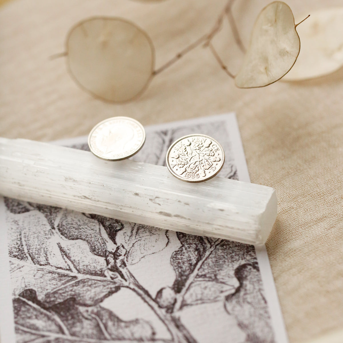 A pair of round silver-toned stud earrings resting on a white driftwood log, placed on top of a black-and-white botanical print card. The scene is styled with dried leaves and soft neutral fabric in the background.