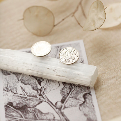 A pair of round silver-toned stud earrings resting on a white driftwood log, placed on top of a black-and-white botanical print card. The scene is styled with dried leaves and soft neutral fabric in the background.