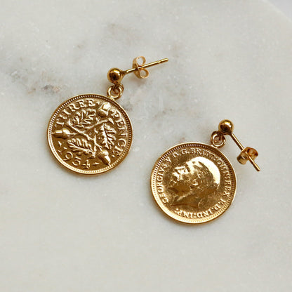 Christmas Threepence Gold Stud Earrings