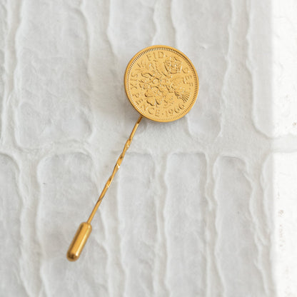 60th Birthday Sixpence Lapel Pin - Gold - Queen Elizabeth II