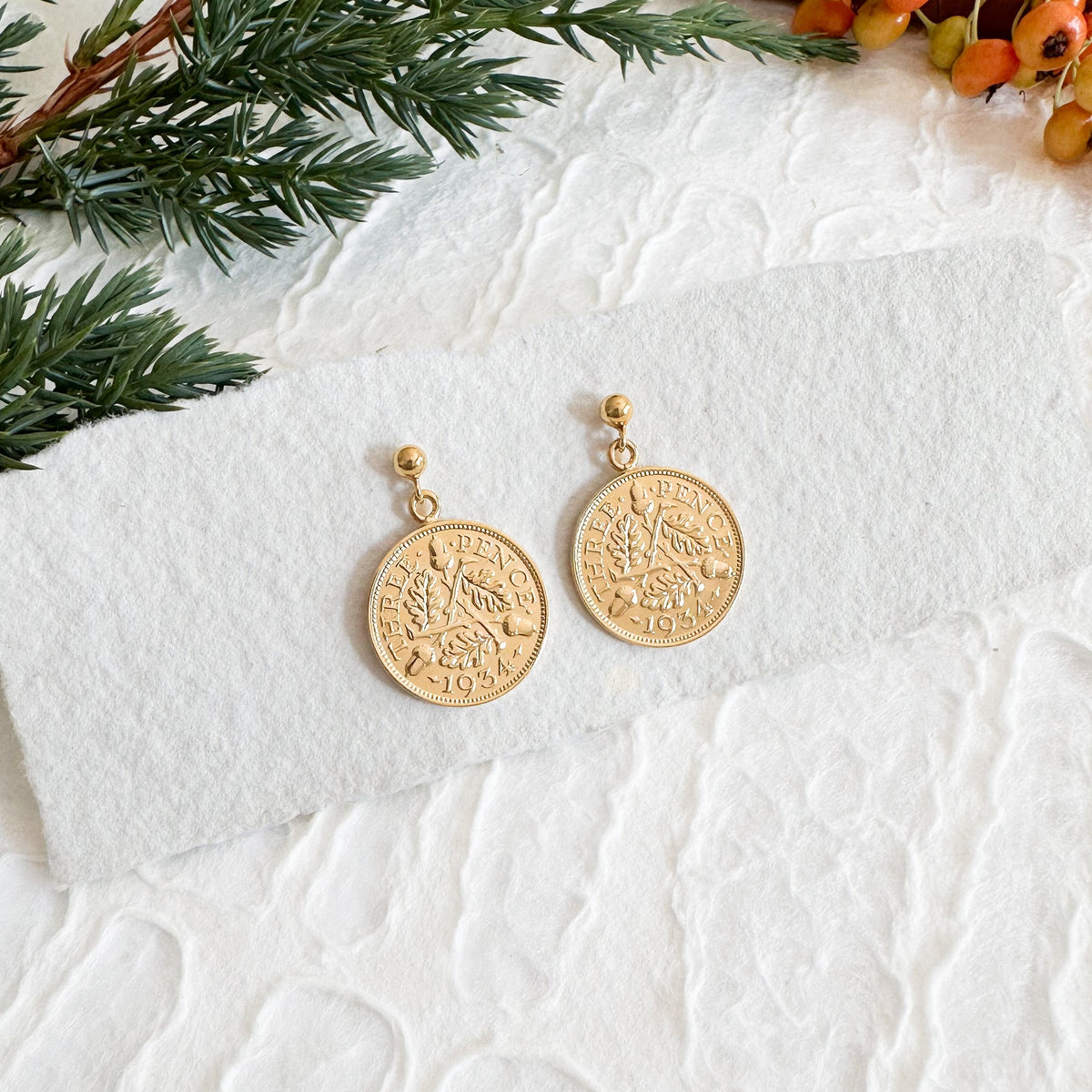 Christmas Threepence Gold Stud Earrings