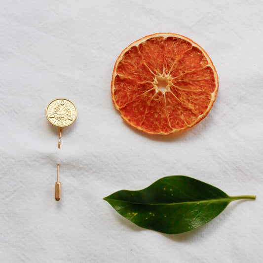 A gold plated 22carat gold pin with a round medallion and a dangling bar, styled on a white textured background alongside a dried orange slice, a green leaf, and a small gold capsule.