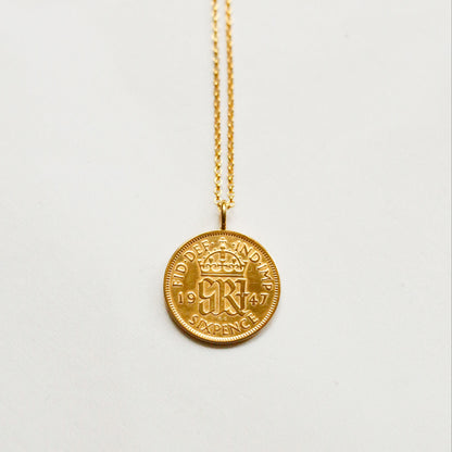 Gold plated real British Christmas sixpence pendant on a gold chain. 
