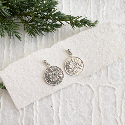 Christmas Threepence Silver Stud Earrings