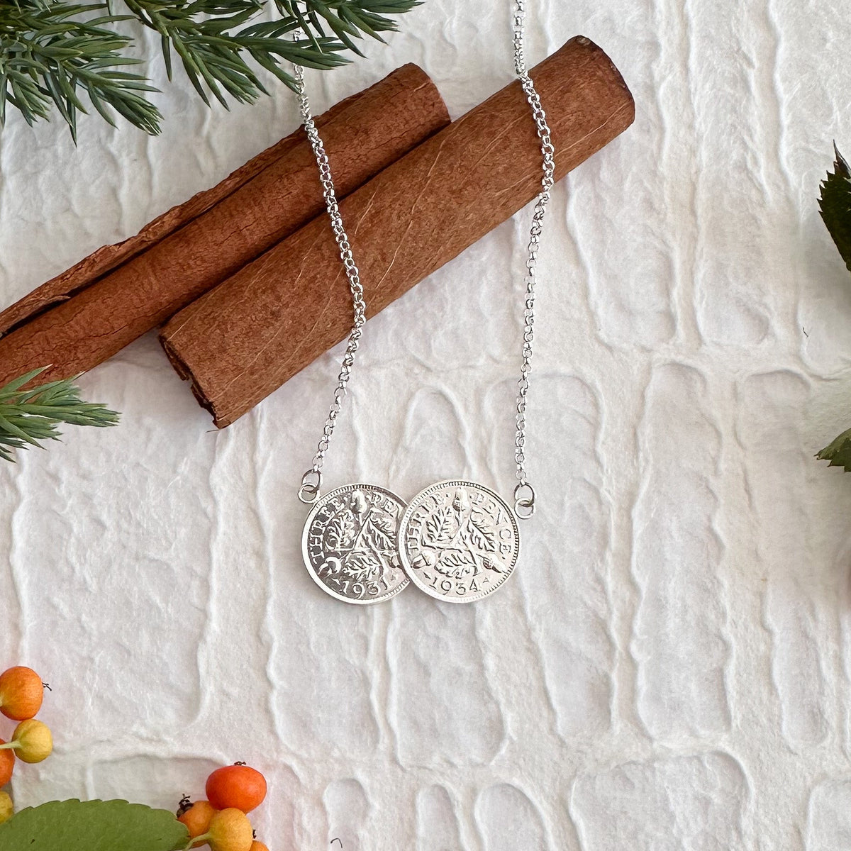 Christmas Double Acorns and Oak Necklace - Fine Silver