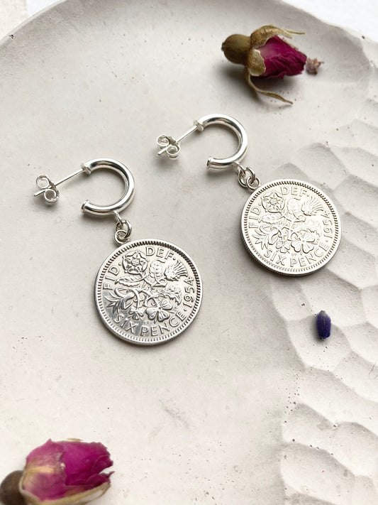 Silver Lucky Sixpence Earrings