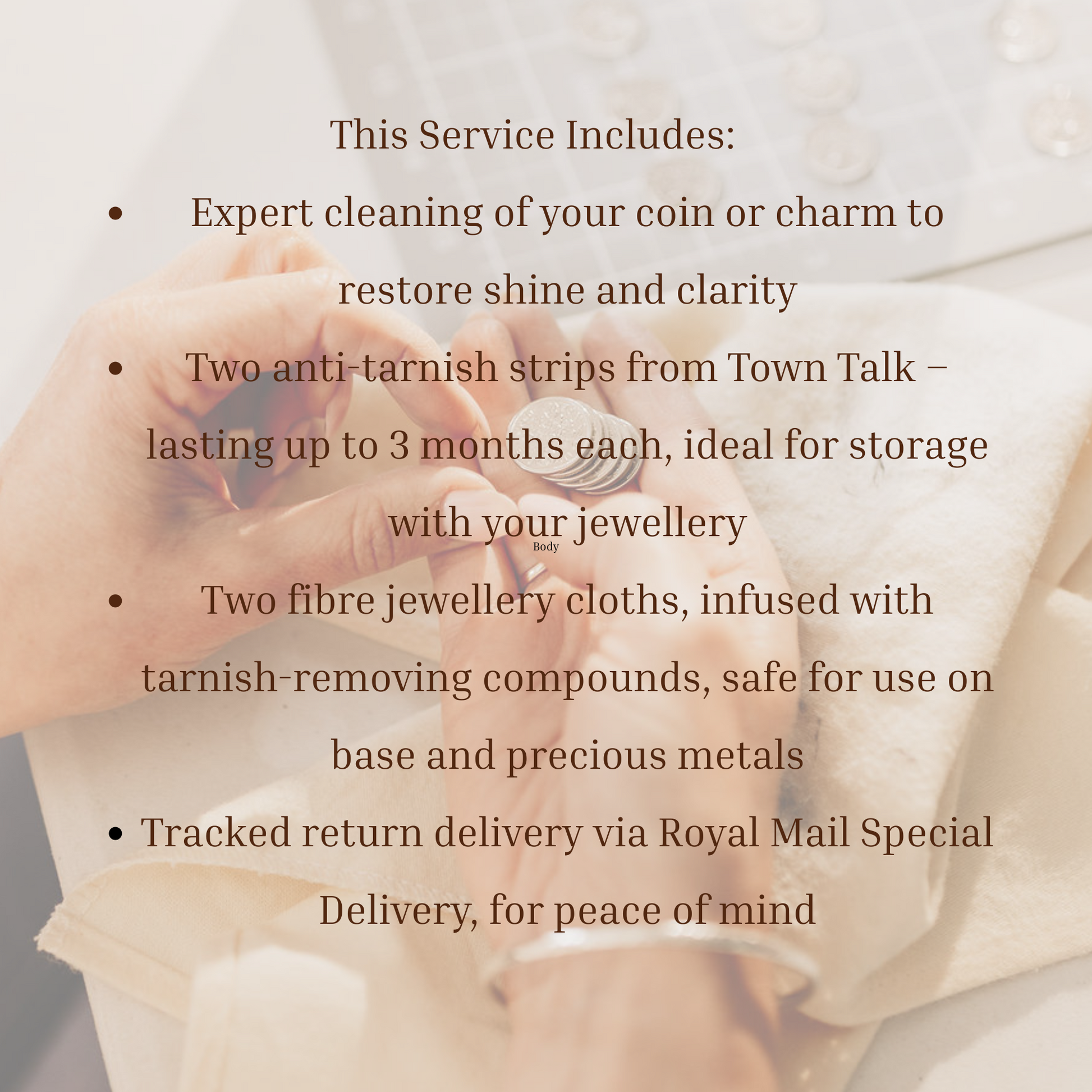 Service details for cleaning and preserving coins or charms with anti-tarnish strips and fibre jewelry cloths.