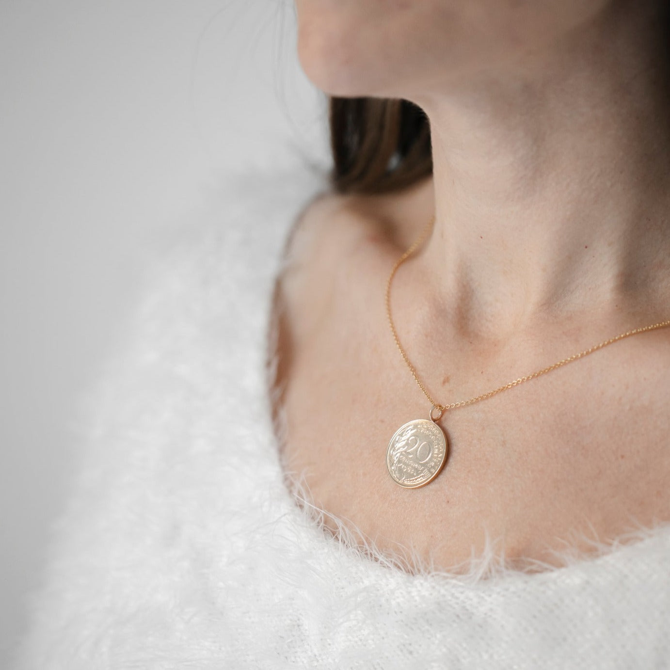 French Coin Necklace on Model