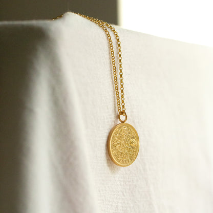 Gold sixpence coin necklace, Queen Elizabeth II