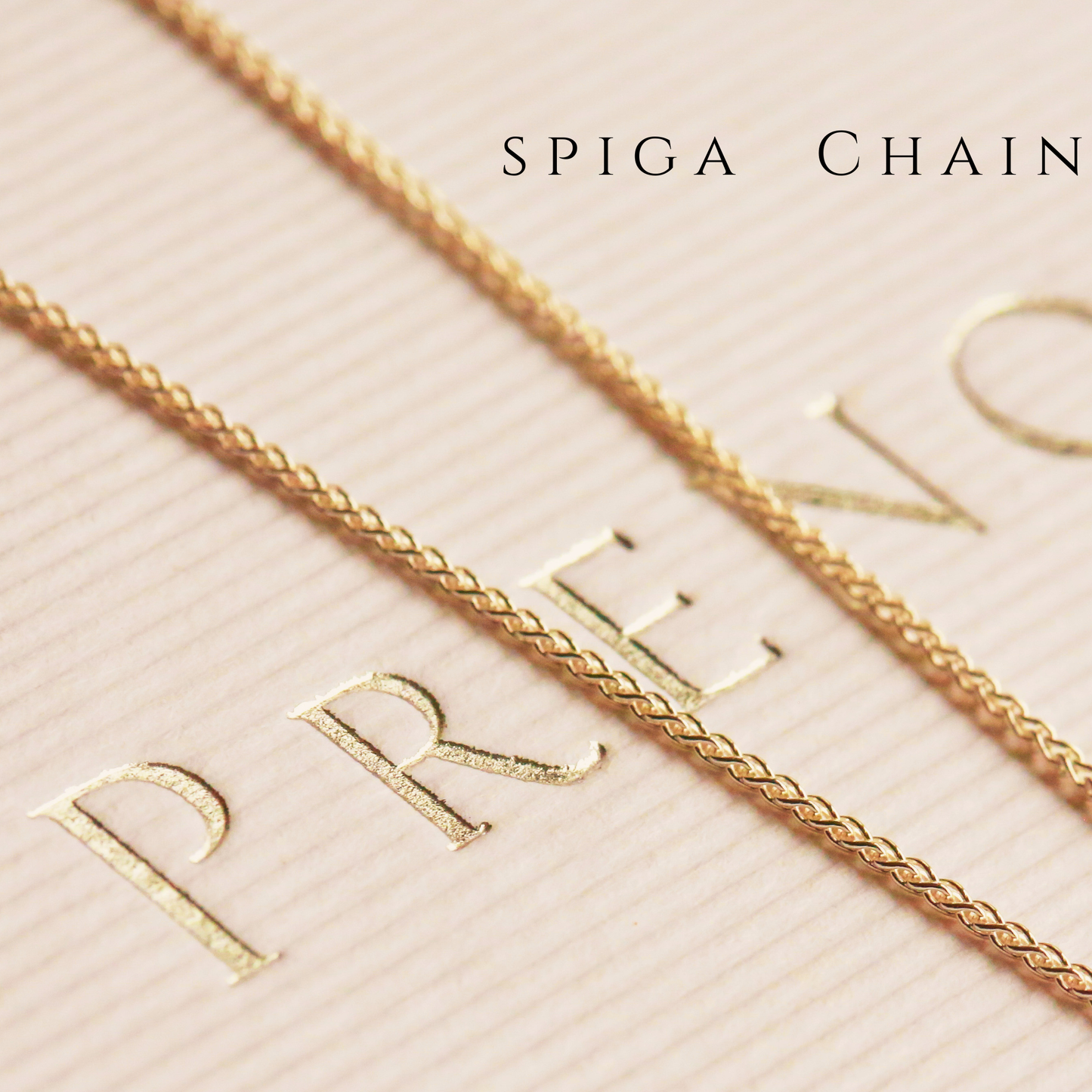 Gold spiga chain necklace on a textured gift box background