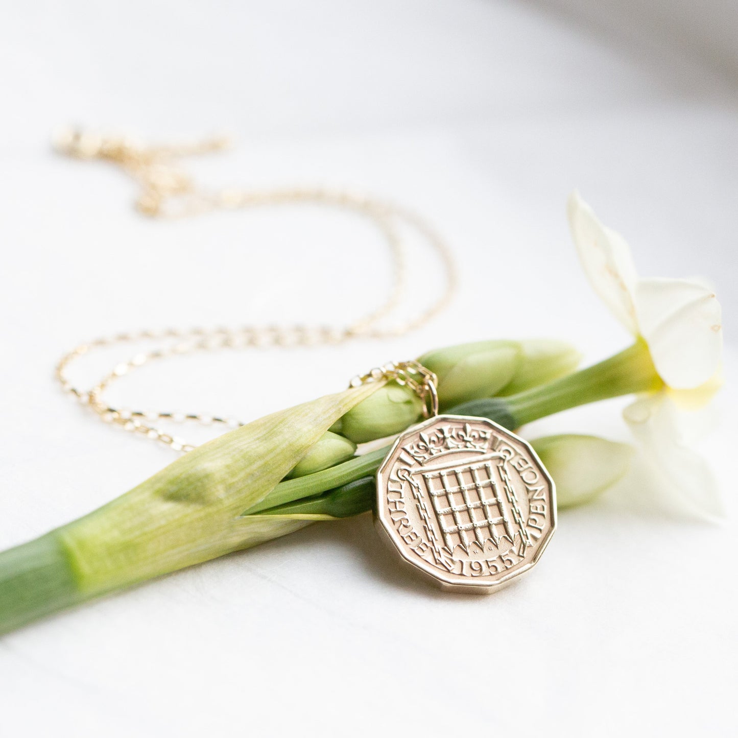 70th birthday gift, 1955 three pence coin pendant necklace. Gold chain. 