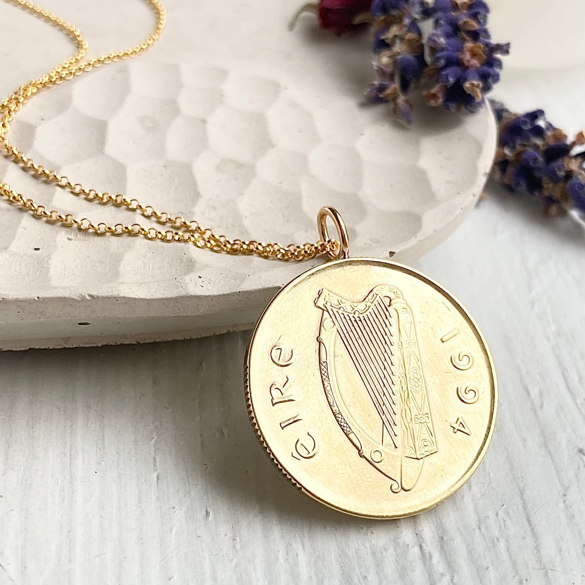 Gold Irish coin pendant necklace, with gold chain