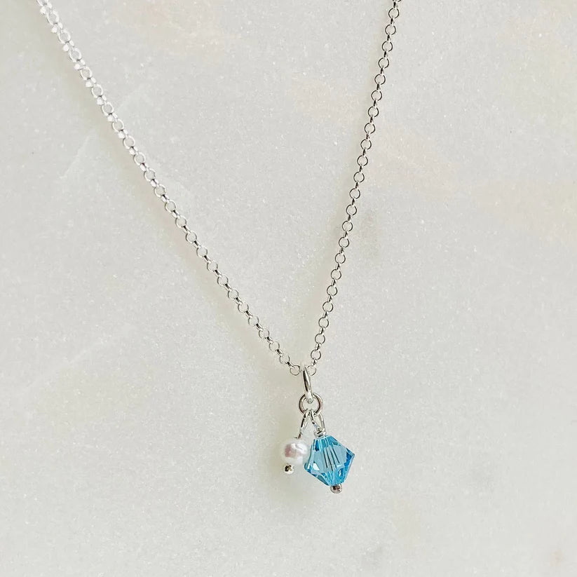 March aquamarine birthstone charm with freshwater pearl