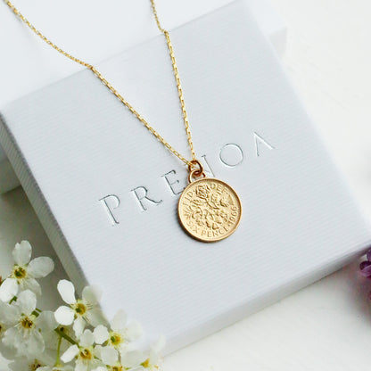 1966_Gold_Sixpence_Necklace with a gold plating of 3 microns in 22 carat gold and yellow gold vermeil box chain. 