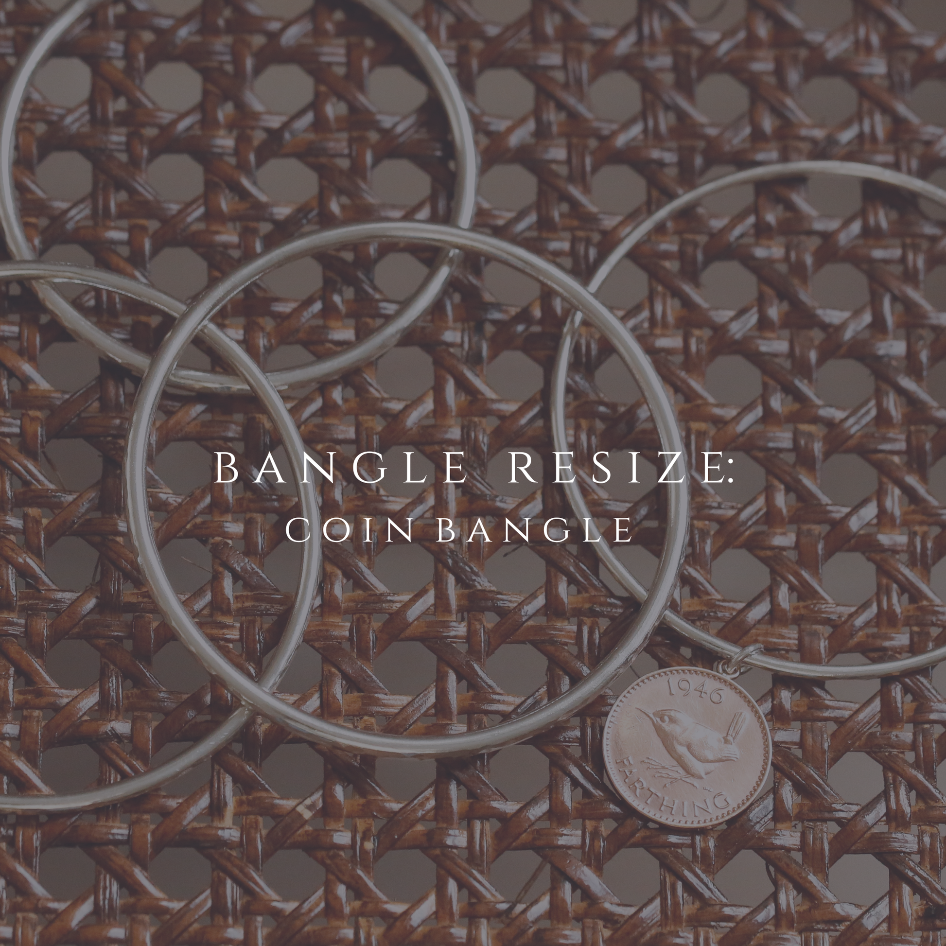 Coin bangle on a textured brown background with text 'BANGLE RESIZE: COIN BANGLE'.