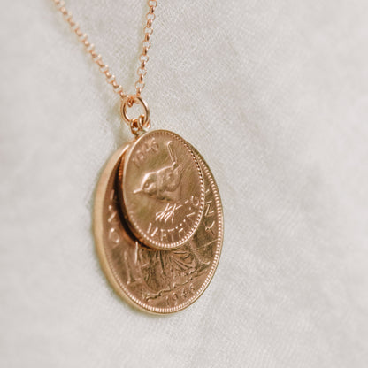  Bronze coins, rose gold findings and chain. Penny at the back, farthing at the front. Double coin vintage coin jewellery necklace. 