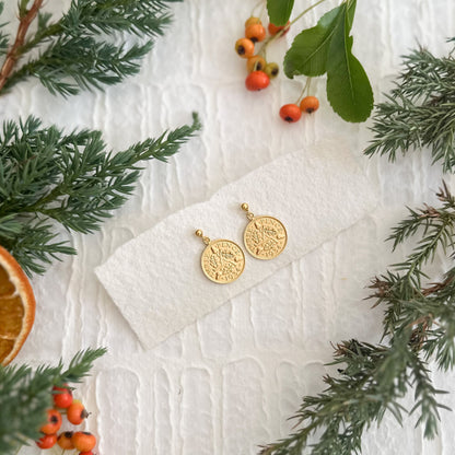 Christmas Threepence Gold Stud Earrings