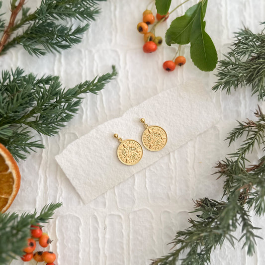 Christmas Threepence Gold Stud Earrings
