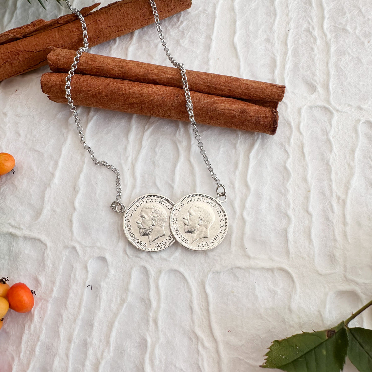 Christmas Double Acorns and Oak Necklace - Fine Silver