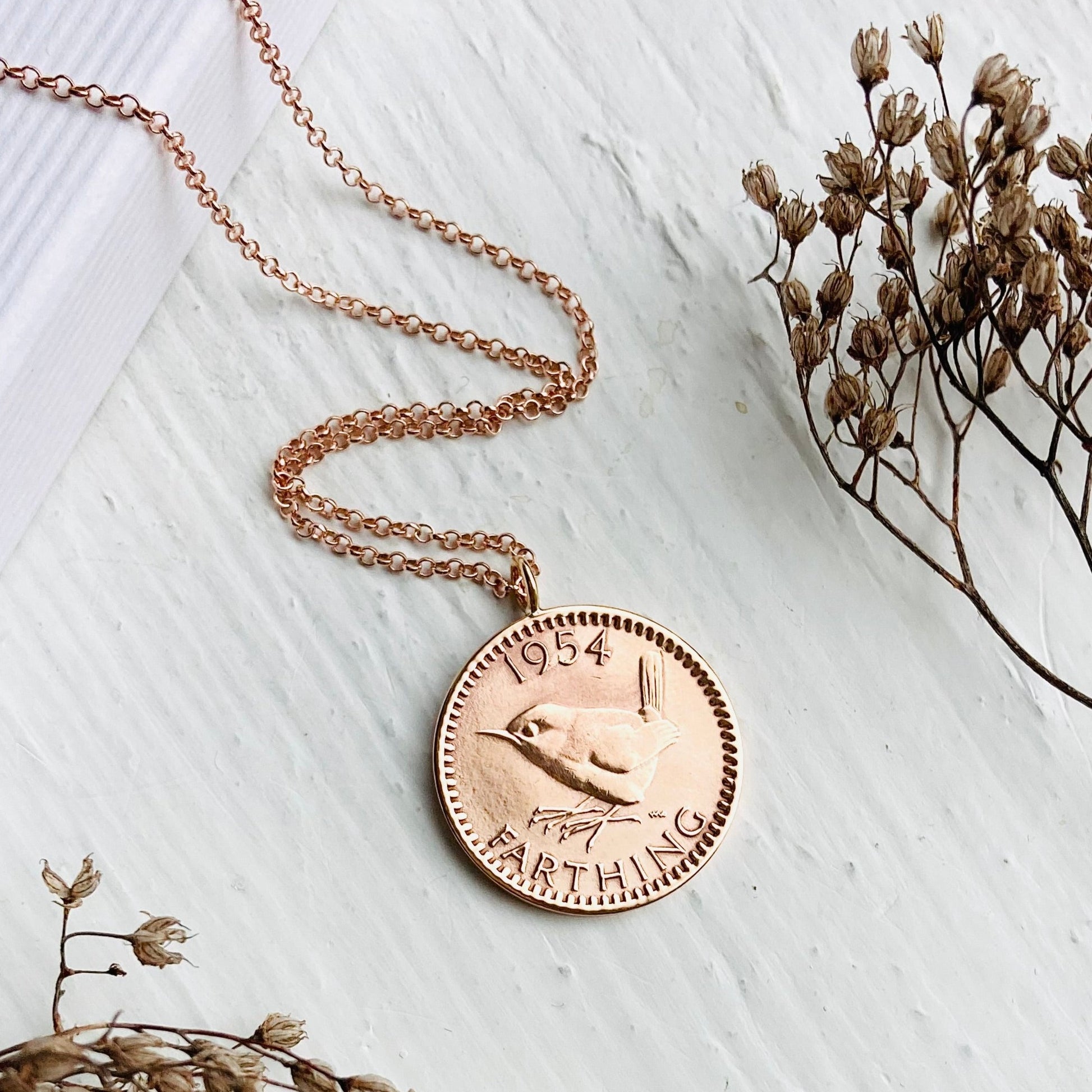 1954 bronze and rose gold coin necklace, 70th gifts for her, 70th coin pendant