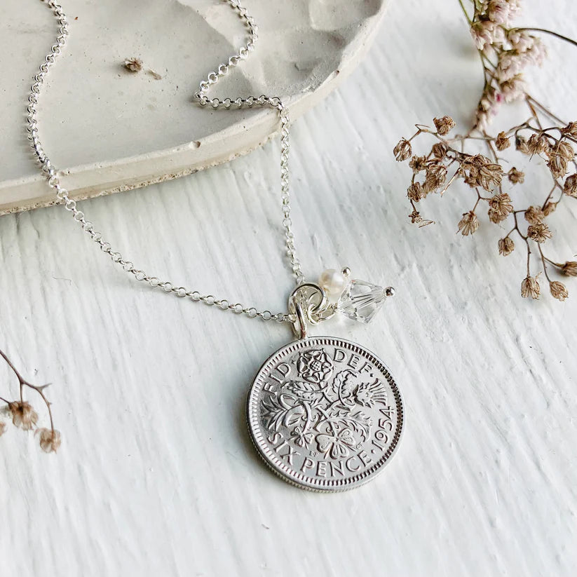 70th birthday gift, 1954 British Sixpence Necklace, April birthstone pendant